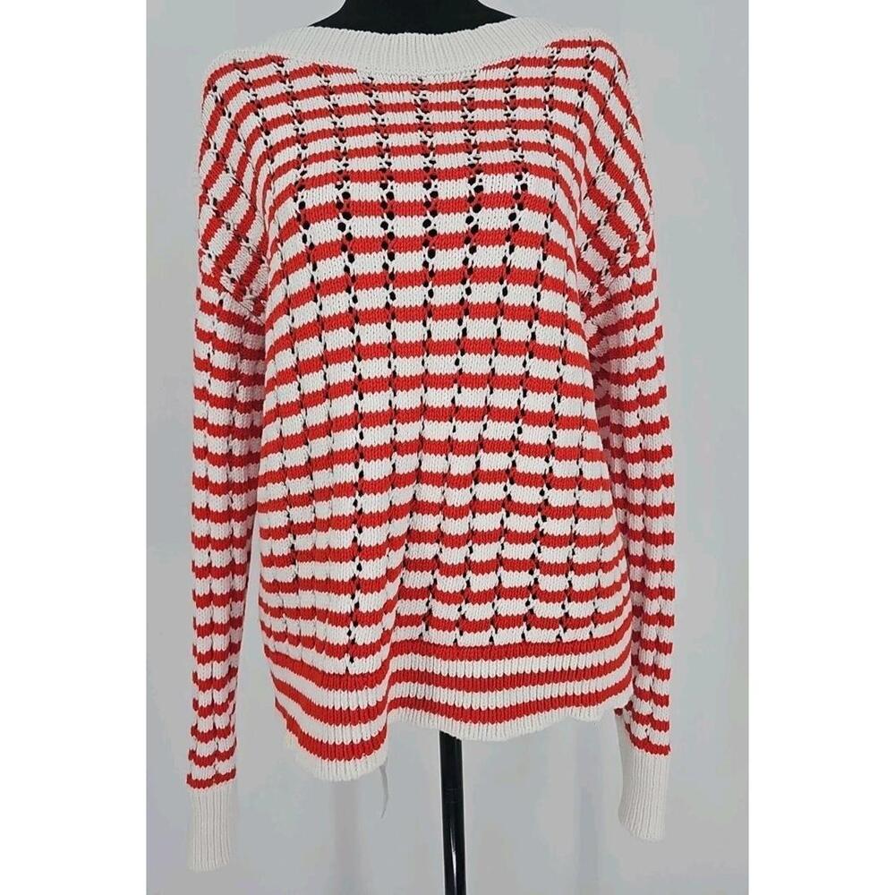 Loft Stripe Mesh Sweater Large Stitch Boatneck Orange White 100% Cotton‎
